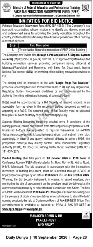 Newspaper clipping: PEEF Invitation to Bid — Renovation of PEEF Office Building (Islamabad), Dunya, 18 Sep 2026