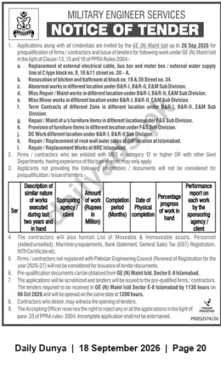 Newspaper clipping: MES Notice of Tender — Prequalification & Tender Issue for Repair, Renovation & Misc. Works in Islamabad, Dunya, 18 Sep 2026