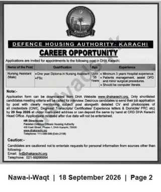 Newspaper clipping: DHA Karachi Hiring Nursing Assistant (Male) — Apply by 2026-09-29, Nawa-i-Waqt, 18 Sep 2026