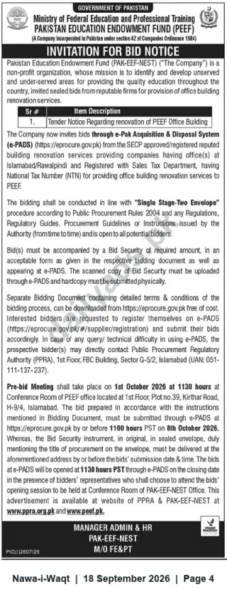 Newspaper clipping: PEEF Invitation to Bid — Renovation of PEEF Office Building (Islamabad), Nawa-i-Waqt, 18 Sep 2026