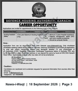 Newspaper clipping: DHA Karachi Career Opportunity – Nursing Assistant (Male) | Apply by 2026-09-29, Nawa-i-Waqt, 18 Sep 2026