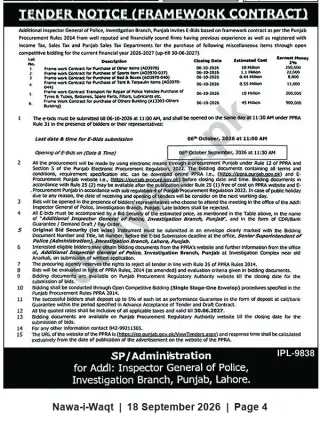 Newspaper clipping: Tender Notice — Framework Contracts for Miscellaneous Items (Investigation Branch, Punjab), Nawa-i-Waqt, 18 Sep 2026