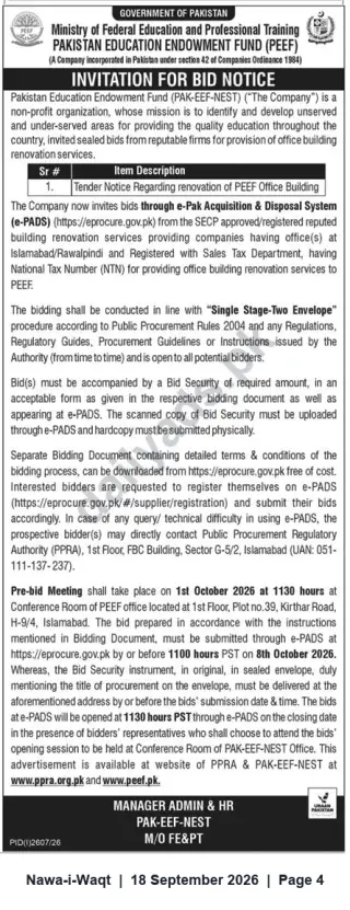 Newspaper clipping: PEEF Invitation for Bids — Renovation of PEEF Office Building (Islamabad/Rawalpindi), Nawa-i-Waqt, 18 Sep 2026