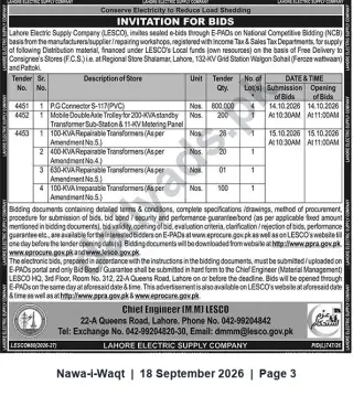 Newspaper clipping: LESCO Invitation for Bids – Tender Nos. 4451 to 4453 for Distribution Material & Transformers, Nawa-i-Waqt, 18 Sep 2026