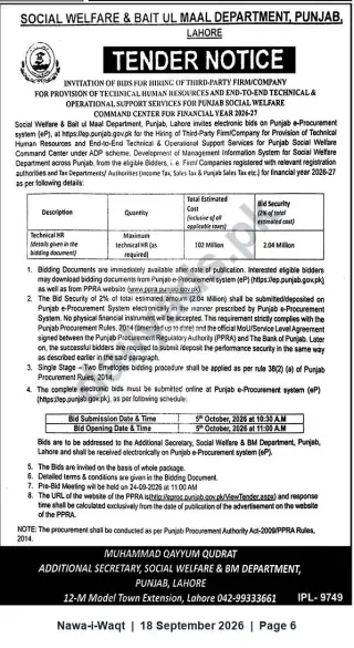 Newspaper clipping: Tender: Hiring Third-Party Firm for Technical HR & End-to-End Operational Support — Punjab Social Welfare 2026-27, Nawa-i-Waqt, 18 Sep 2026