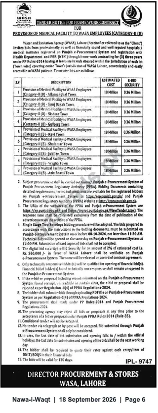 Newspaper clipping: WASA Lahore Tender: Provision of Medical Facility to WASA Employees (Category-II), Nawa-i-Waqt, 18 Sep 2026