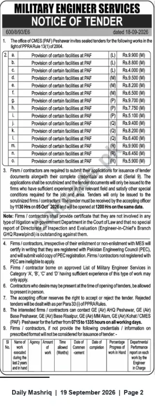 Newspaper clipping: MES (PAF) Peshawar Notice of Tender for Provision of Facilities at PAF, Daily Mashriq, 19 Sep 2026