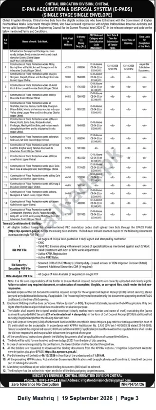 Newspaper clipping: Chitral Irrigation Division E-PADS Tenders — Multiple Flood-Protection & Infrastructure Works (Closing 2026-10-12), Daily Mashriq, 19 Sep 2026
