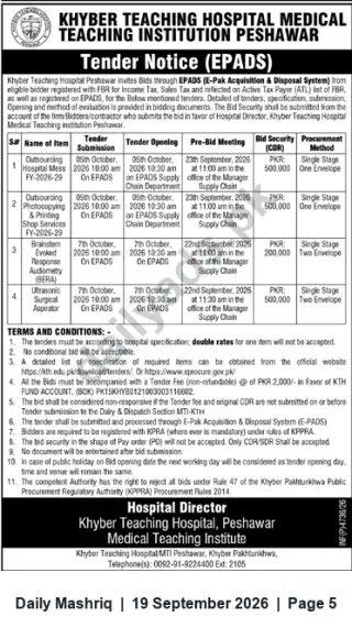 Newspaper clipping: Tender Notice — EPADS: Outsourcing & Services at Khyber Teaching Hospital Peshawar, Daily Mashriq, 19 Sep 2026