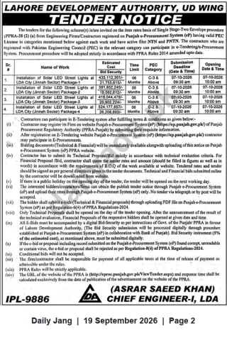 Newspaper clipping: LDA (UD Wing) Tender — Installation of Solar LED Street Lights in LDA City (Jinnah Sector) — Multiple Packages, Jang, 19 Sep 2026