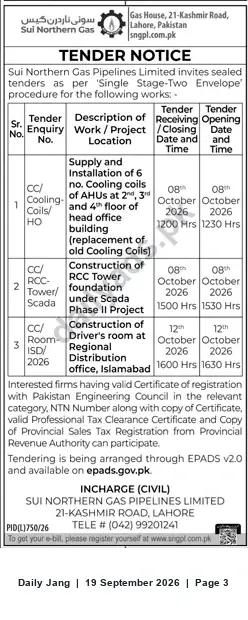 Newspaper clipping: Sui Northern Gas Pipelines Ltd. Tender Notice — Civil Works & Supply (Oct 2026), Jang, 19 Sep 2026