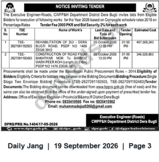 Newspaper clipping: Tender: Rehabilitation of Sui–Dera Bugti Road & Construction Bakhtiyar Mor to Barmoz Wach Peer Koh — CWPP&H Dera Bugti, Jang, 19 Sep 2026