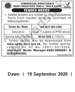 Newspaper clipping: Tender Notice: Commercial Directorate, Heavy Industries Taxila (Taxila Cantt), Dawn, 19 Sep 2026