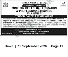 Newspaper clipping: Tender Cancellation: Repair & Maintenance Services for Chromebooks/Tablets — Ministry of Federal Education, Islamabad, Dawn, 19 Sep 2026