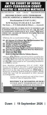 Newspaper clipping: Proclamation U/S 87 Cr.P.C. — The State v. Mehrullah & Others | Anti-Terrorism Court, Ghotki & Mirpur Mathelo, Dawn, 19 Sep 2026