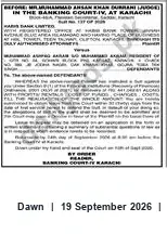 Newspaper clipping: Banking Court IV, Karachi — Notice Referring to a Duly Authorised Attorney, Dawn, 19 Sep 2026