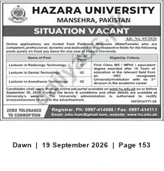 Newspaper clipping: Hazara University Mansehra — Situation Vacant (Name of Post: HEG), Dawn, 19 Sep 2026