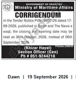 Newspaper clipping: Ministry of Maritime Affairs Tender Corrigendum — Closing/Opening Date Revised to 06 October 2026, Dawn, 19 Sep 2026
