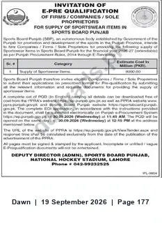 Newspaper clipping: Sports Board Punjab: E-Prequalification for Supply of Sportswear Items (FY 2026-27), Dawn, 19 Sep 2026