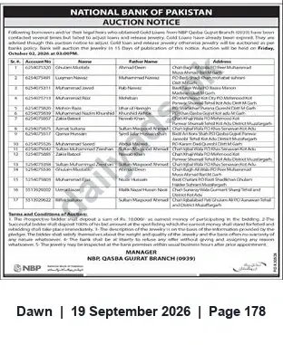 Newspaper clipping: National Bank of Pakistan Jewellery Auction — NBP Gasba Gujrat Branch, Dawn, 19 Sep 2026