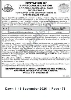 Newspaper clipping: E-Prequalification for Supply of IT Equipment — Sports Board Punjab (E-Tendering), Dawn, 19 Sep 2026
