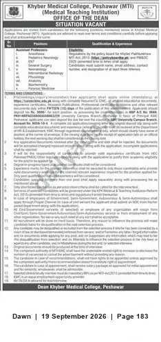 Newspaper clipping: Khyber Medical College Peshawar — Vacancies: General Surgery, Radiology, Biochemistry, Dawn, 19 Sep 2026