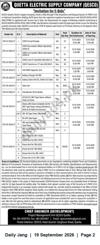 Newspaper clipping: QESCO Invitation for E‑Bids — Supply of Electrical Materials (Multiple Tenders), Jang, 19 Sep 2026