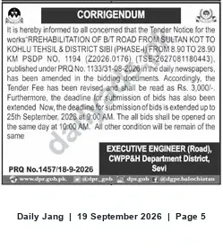 Newspaper clipping: Corrigendum: Tender for Rehabilitation of B/T Road Sultan Kot to Kohlu, Sibi (Phase‑I) — Fee and Deadline Revised, Jang, 19 Sep 2026