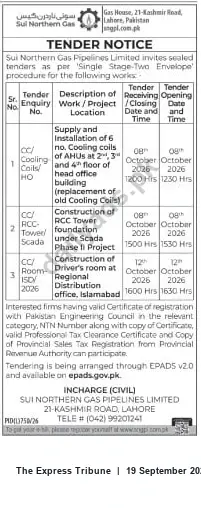 Newspaper clipping: Sui Northern Gas Pipelines Ltd — Tender Notice for Civil Works (October 2026), The Express Tribune, 19 Sep 2026