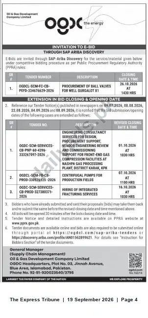 Newspaper clipping: OGDCL Invitation to E‑Bid: Multiple Tenders & Extended Closing Dates (Islamabad), The Express Tribune, 19 Sep 2026