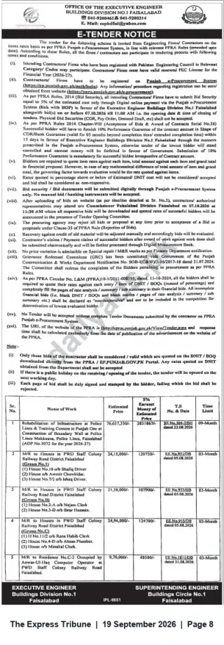 Newspaper clipping: Tender Notice — Buildings Division No.1 Faisalabad: Rehabilitation & Maintenance Works, The Express Tribune, 19 Sep 2026