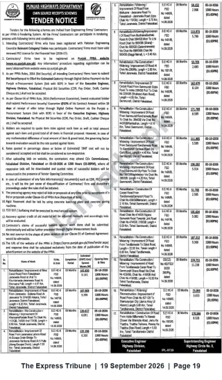 Newspaper clipping: Punjab Highways Department (Faisalabad Division) — Tender Notice for Multiple Road Rehabilitation & Improvement Works (Closing 2026-10-05), The Express Tribune, 19 Sep 2026