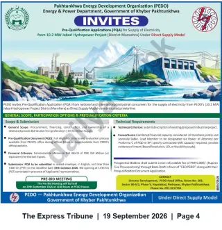 Newspaper clipping: PEDO Invites Pre-Qualification Applications for Supply of Electricity from 10.2 MW Jabori Hydropower Project, The Express Tribune, 19 Sep 2026