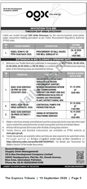 Newspaper clipping: OGDCL Invitation to E-Bid via SAP Ariba – Ball Valves, Engineering Services, Pumps & Fracturing (Oct 2026), The Express Tribune, 19 Sep 2026