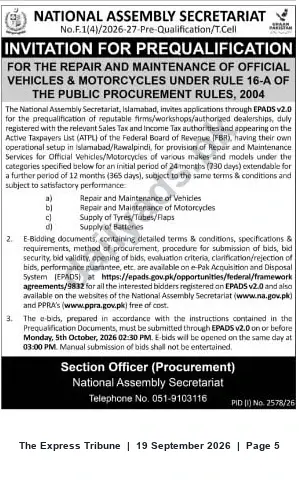 Newspaper clipping: National Assembly Secretariat: Prequalification for Repair & Maintenance of Official Vehicles and Motorcycles, The Express Tribune, 19 Sep 2026