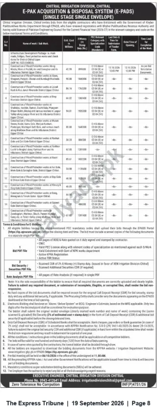 Newspaper clipping: Chitral Irrigation Division Tender Notice — Flood Protection, Roads, Bridges & Infrastructure Works (E-PADS), The Express Tribune, 19 Sep 2026