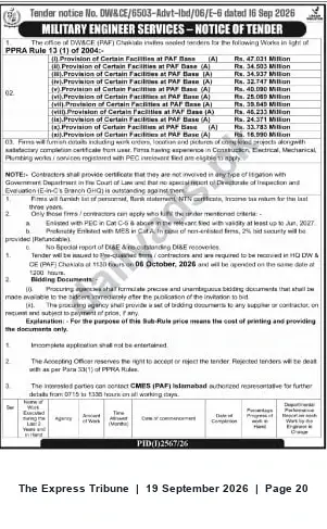 Newspaper clipping: Military Engineer Services (DWACE/6503) Tender — Provision of Facilities at PAF Bases (Closes 2026-10-06), The Express Tribune, 19 Sep 2026