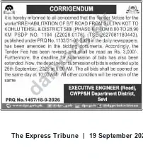 Newspaper clipping: Corrigendum: Rehabilitation of Bit Road from Sultan Kot to Kohlu — Tender Fee and Deadline Revised, The Express Tribune, 19 Sep 2026