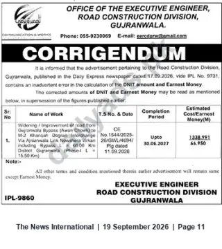 Newspaper clipping: Corrigendum: Corrected DNIT and Earnest Money — Widening/Improvement of Gujranwala Bypass to M-2 Khangah Dogran Interchange, The News International, 19 Sep 2026