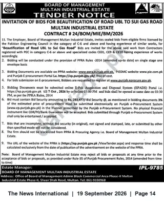 Newspaper clipping: Tender: Beautification of Road UBL to Sui Gas Road — Multan Industrial Estate (Contract #24/BOM/MIE/BM/2026), The News International, 19 Sep 2026