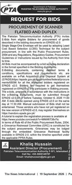 Newspaper clipping: PTA Request for Bids — Procurement of Flatbed and Duplex Scanners, The News International, 19 Sep 2026