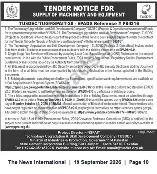 Newspaper clipping: TUSDEC Tender: Supply of Machinery & Equipment (EPADS Ref P84316) – Lahore, The News International, 19 Sep 2026