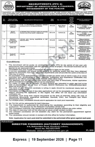 Newspaper clipping: Punjab Department of Aquaculture & Fisheries Recruitment — Fisheries Supervisor, Driver, Beldar, Chowkidar & Sweeper (PPS-2), Express, 19 Sep 2026