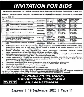 Newspaper clipping: Tender Notice — THQ Hospital Ferozewala: Framework Procurement Packages (2026-27), Express, 19 Sep 2026