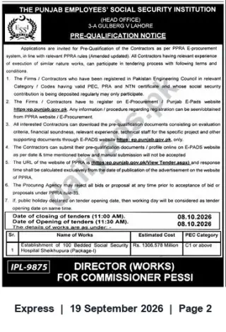 Newspaper clipping: Pre-Qualification: Contractors for 100-Bed Social Security Hospital, Sheikhupura (Package-I) — PESSI, Express, 19 Sep 2026