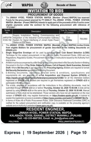 Newspaper clipping: WAPDA Jinnah Hydel Power Station Tender: Supply & Integration of Industrial Communication Gateway (P121864), Express, 19 Sep 2026