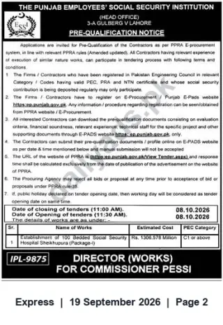 Newspaper clipping: PESSI Pre-Qualification: Establishment of 100‑Bed Social Security Hospital, Sheikhupura (Package-I) — Tender IPL-9875, Express, 19 Sep 2026