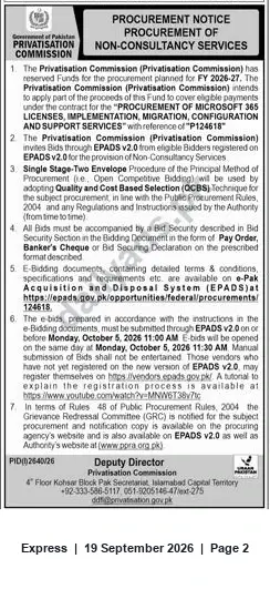 Newspaper clipping: Privatisation Commission Procurement: Microsoft 365 Licenses, Implementation, Migration, Configuration and Support Services (P124618), Express, 19 Sep 2026