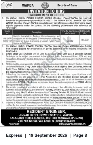 Newspaper clipping: WAPDA Jinnah Hydel Power Station Tender: Industrial Communication Gateway System (EPADS), Express, 19 Sep 2026