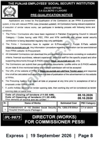 Newspaper clipping: PESSI Pre-Qualification: Establishment of 100-Bed Social Security Hospital, Sheikhupura (Package-I), Express, 19 Sep 2026